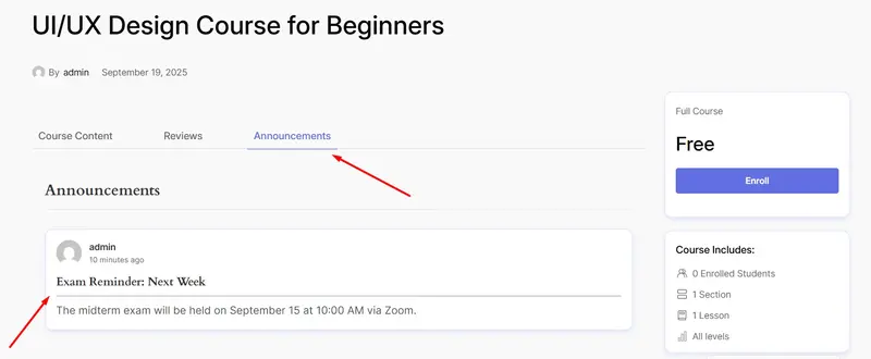 Announcements On Student Frontend